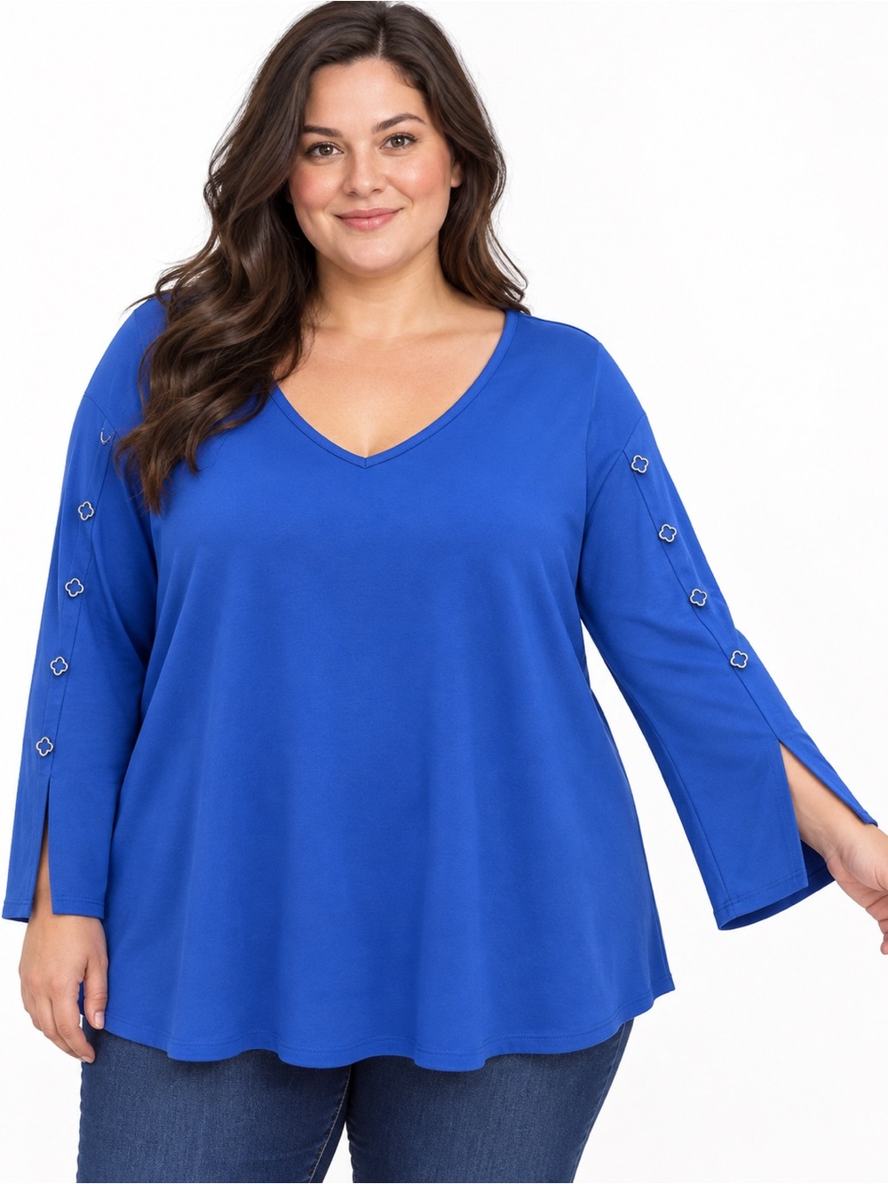 Melissa Paige Woman 2X Royal Blue V-Neck Top Quatrefoil Split Sleeves